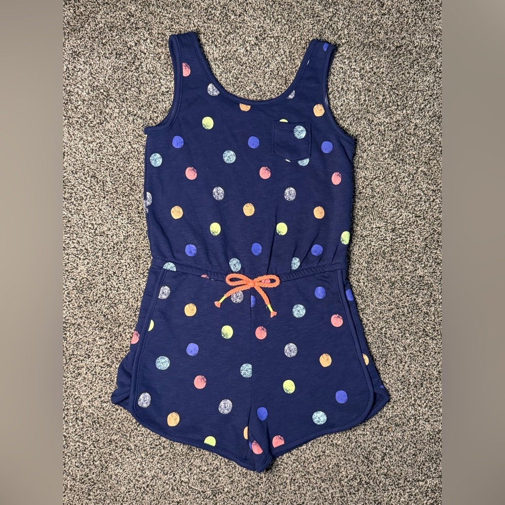 Cat & Jack Navy Blue Polka Dot Sleeveless Short Romper, size 7/8 (039G)